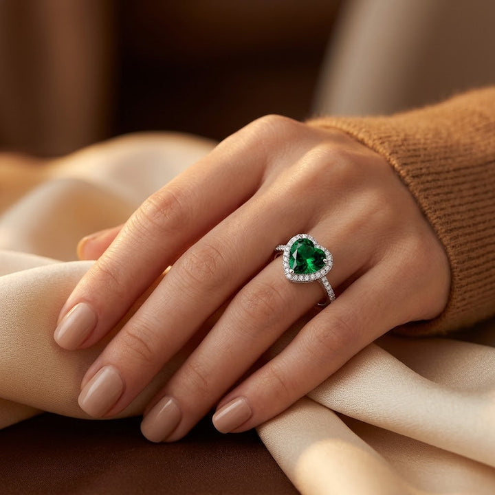 Silver Emerald Heart Halo Ring