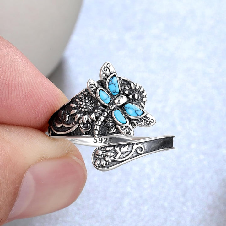 VIP | Sterling Silver Turquoise Spoon Ring – Vintage Boho Wrap Ring with Dragonfly