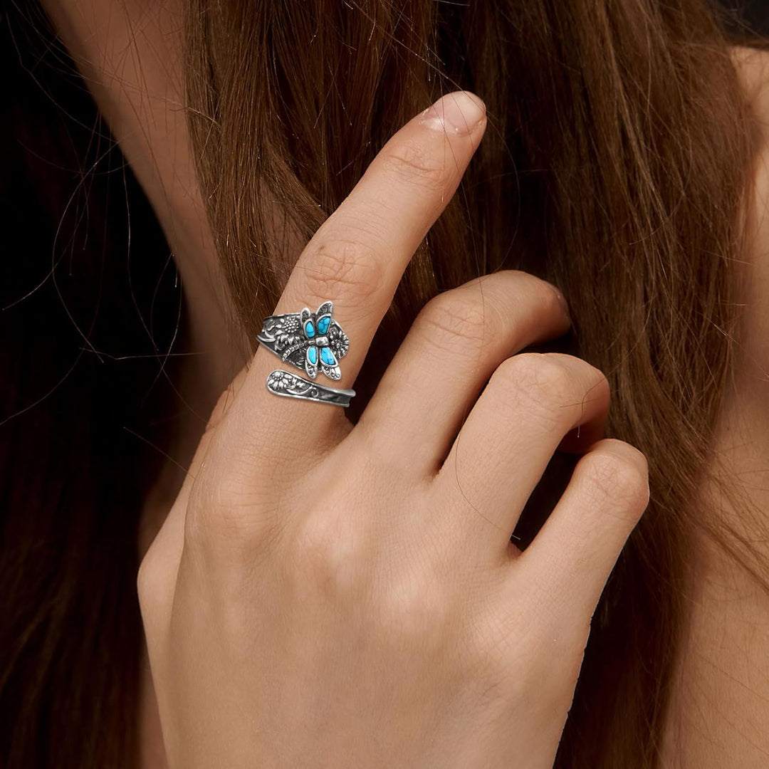 VIP | Sterling Silver Turquoise Spoon Ring – Vintage Boho Wrap Ring with Dragonfly