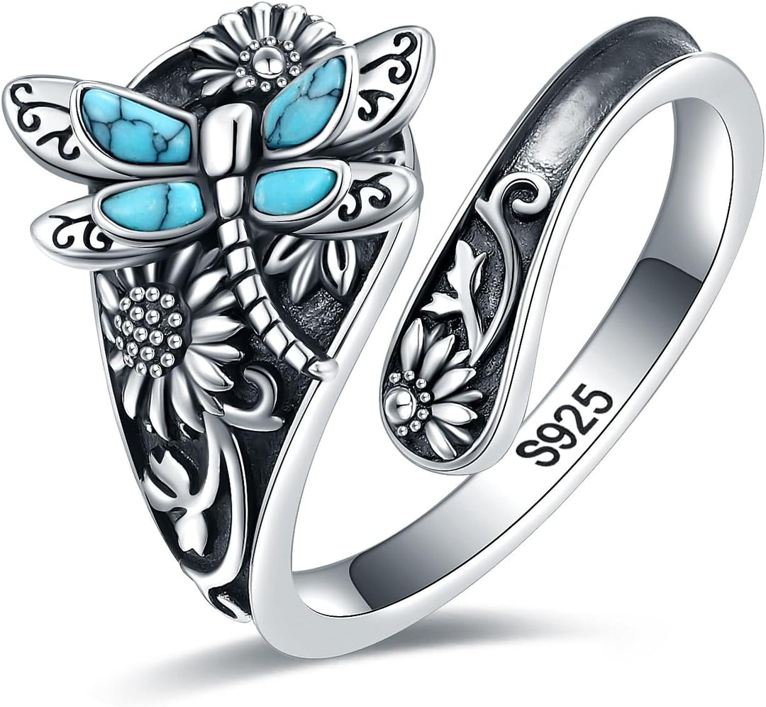 VIP | Sterling Silver Turquoise Spoon Ring – Vintage Boho Wrap Ring with Dragonfly