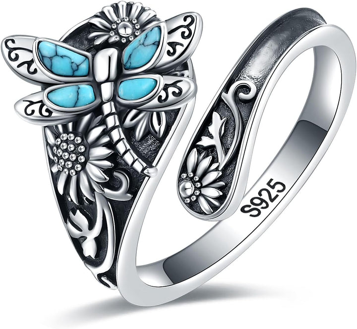 VIP | Sterling Silver Turquoise Spoon Ring – Vintage Boho Wrap Ring with Dragonfly