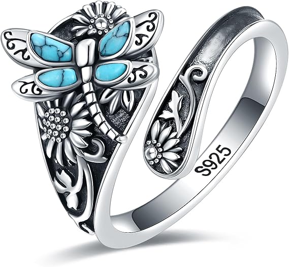 VIP | Sterling Silver Turquoise Spoon Ring – Vintage Boho Wrap Ring with Dragonfly