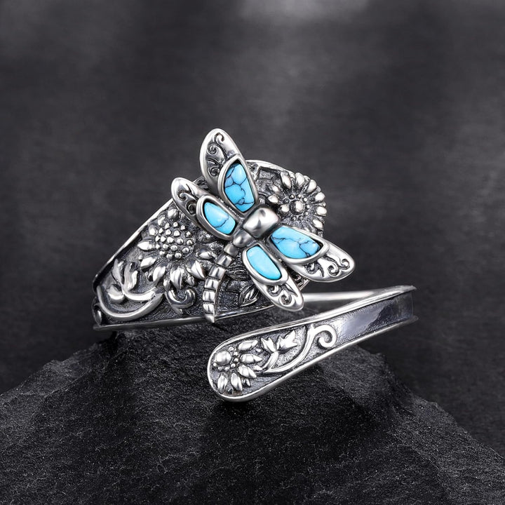 VIP | Sterling Silver Turquoise Spoon Ring – Vintage Boho Wrap Ring with Dragonfly