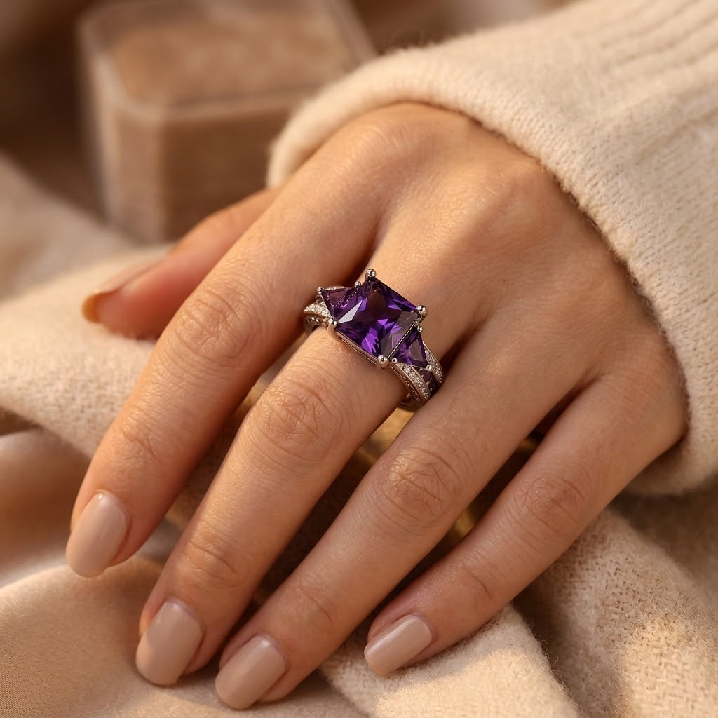 Silver Amethyst Geometric Ring