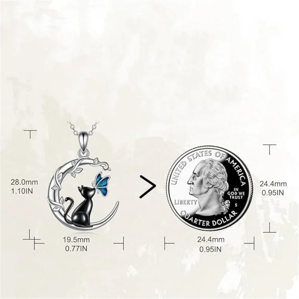 Moon Cat Butterfly Crystal Pendant Necklace