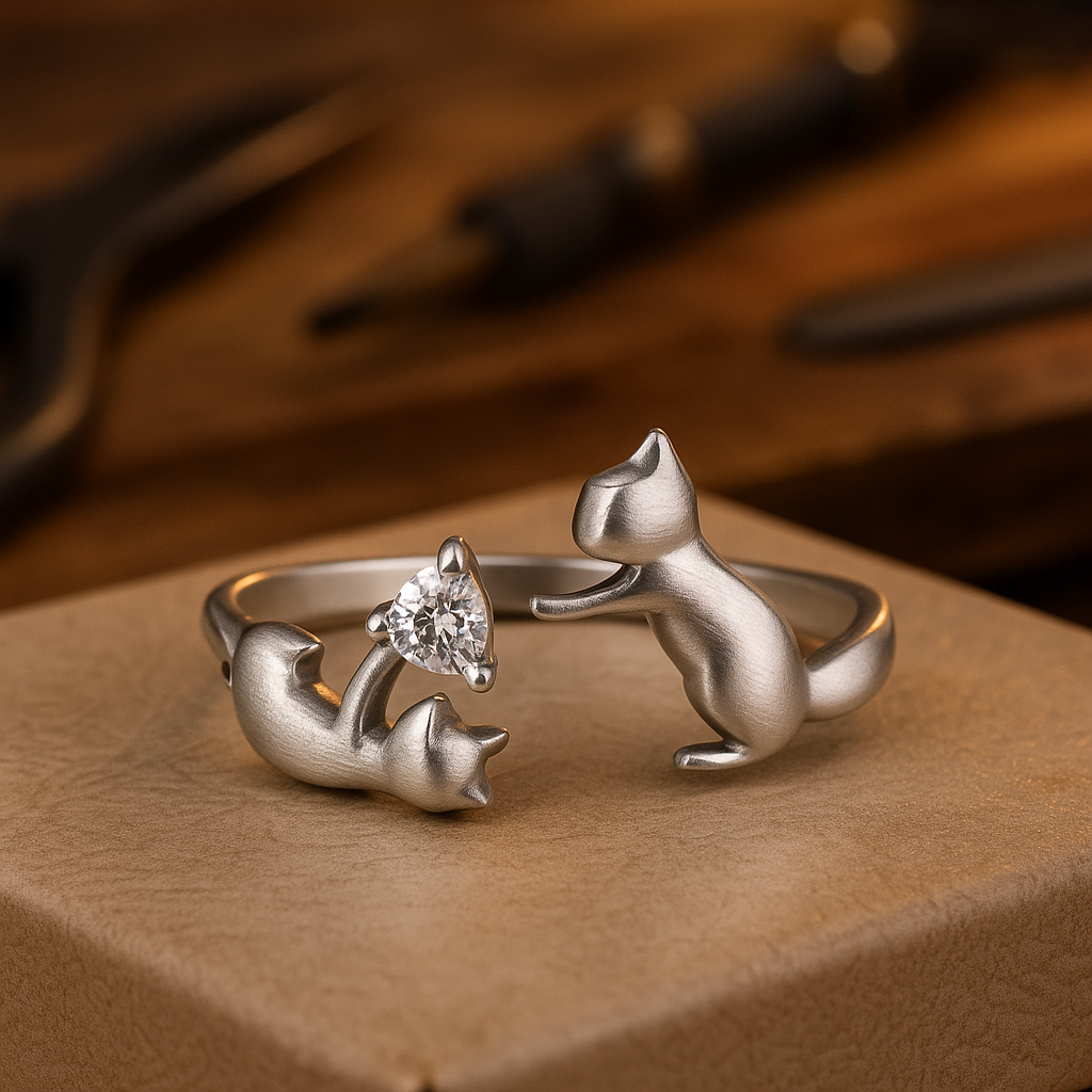 VIP | Playful Sterling Silver Cat Adjustable Ring with Zirconia