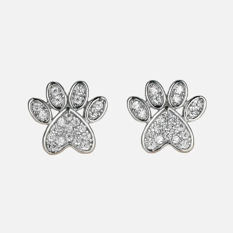 White Zirconia Paw Studs – Heart-Shaped Design