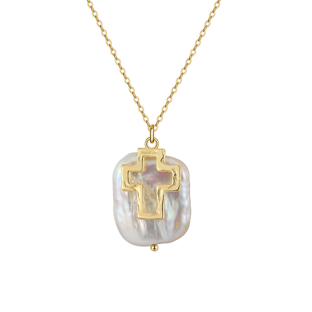 Genuine Pearl Cross Necklace
