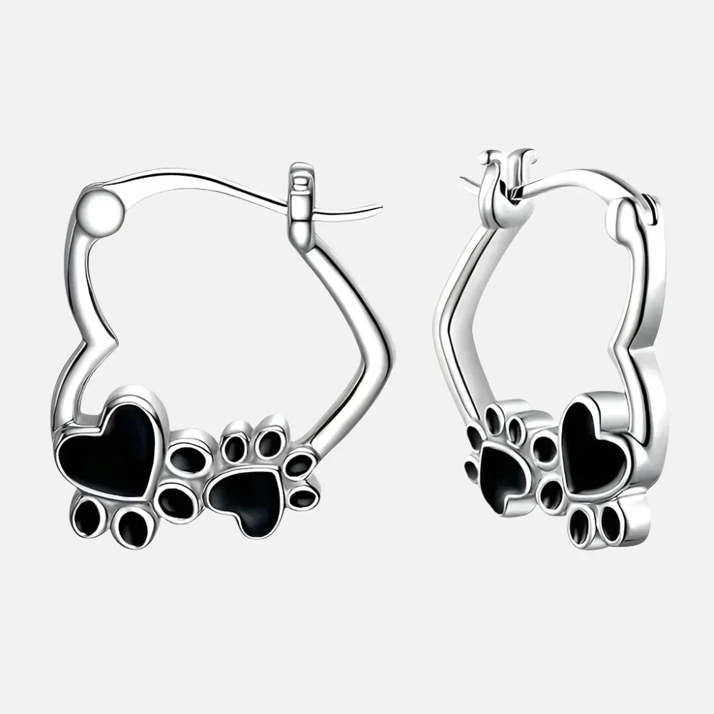 Heart Paw Huggie Earrings with Black Enamel