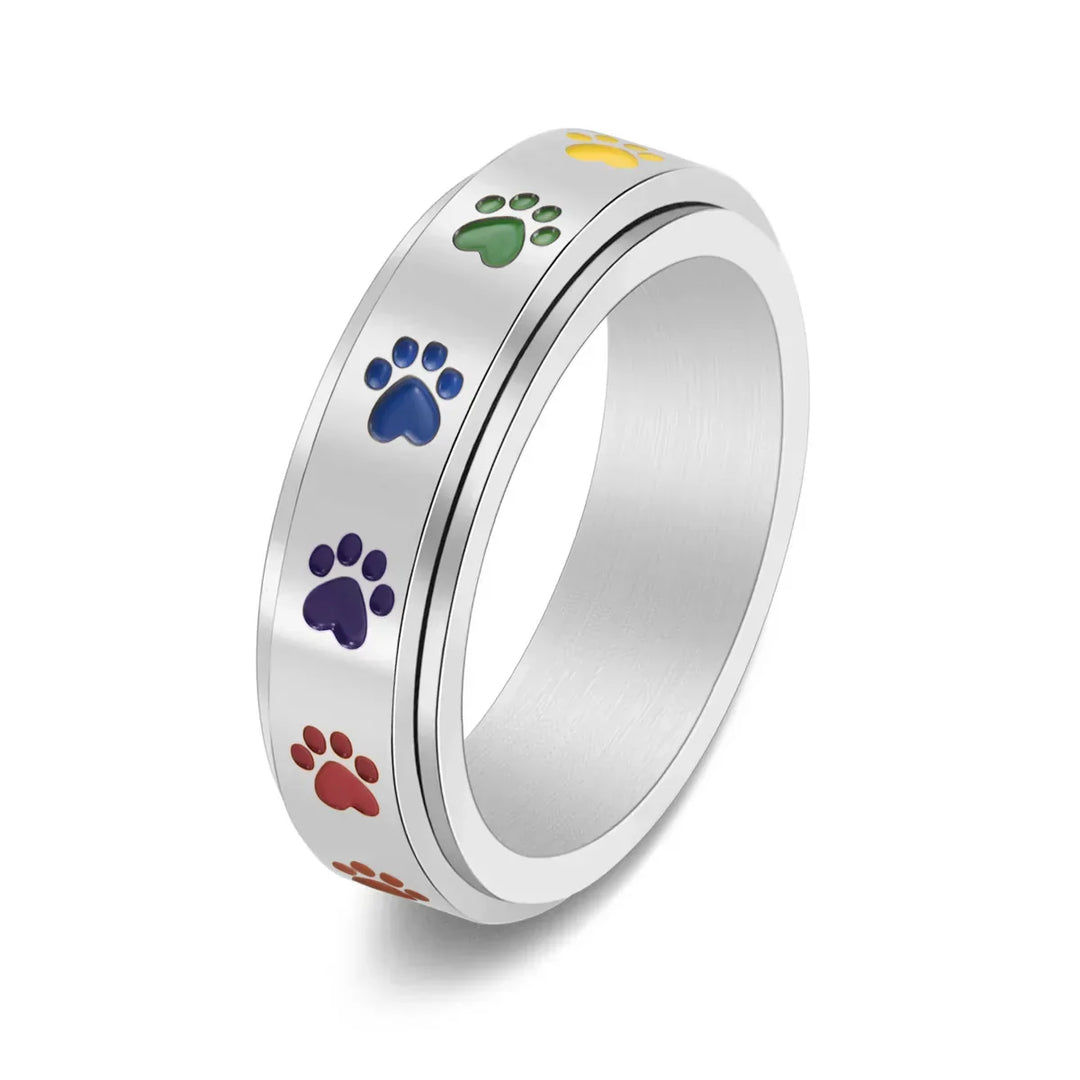 VIP | Spinning Stress Reducing Paw Ring – Stainless Steel with Rainbow Paws