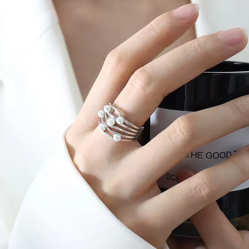 Vintage Inlaid Pearls Layered Silver Ring