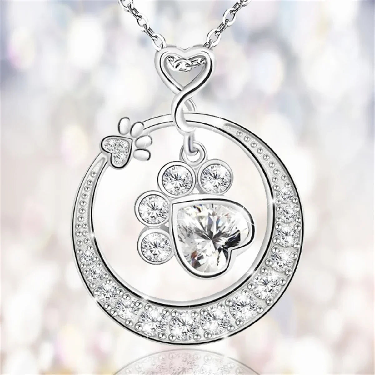 Cute Paw Print Necklace in 925 Sterling Silver with Cubic Zirconia