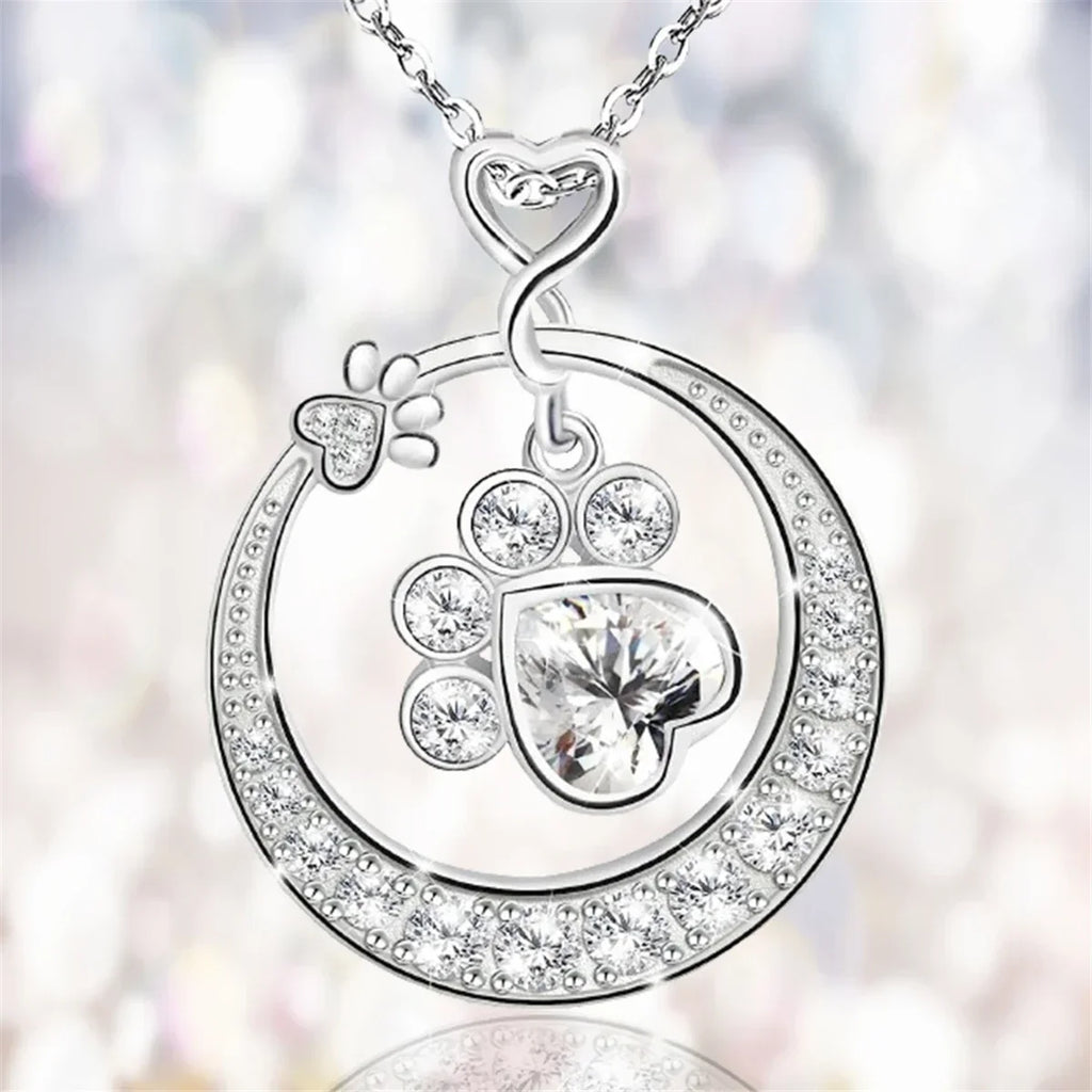 Cute Paw Print Necklace in 925 Sterling Silver with Cubic Zirconia