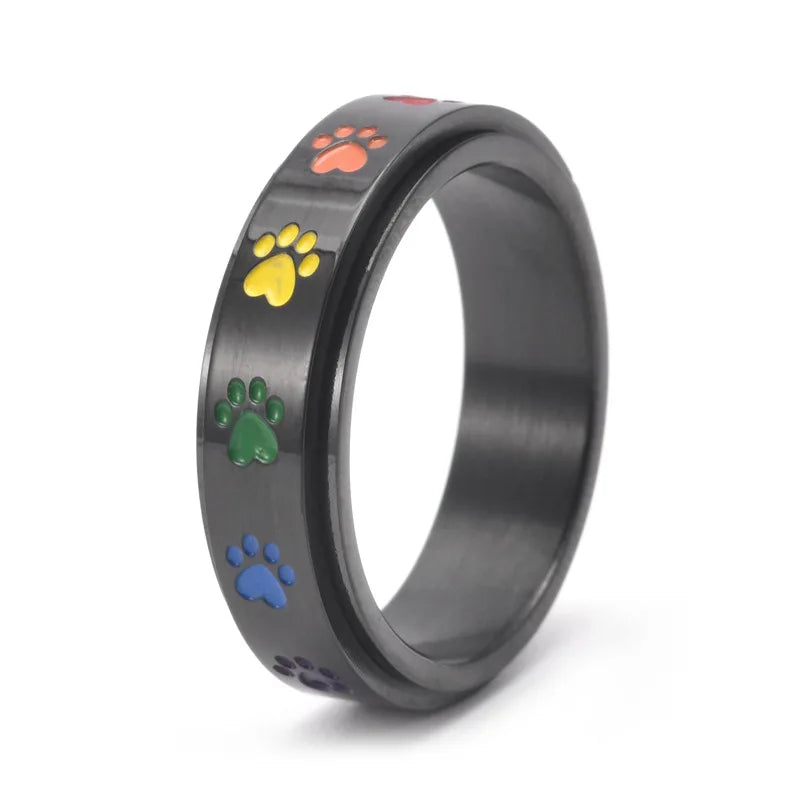 VIP | Spinning Stress Reducing Paw Ring – Stainless Steel with Rainbow Paws