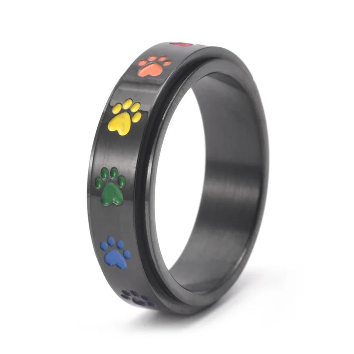 VIP | Spinning Stress Reducing Paw Ring – Stainless Steel with Rainbow Paws