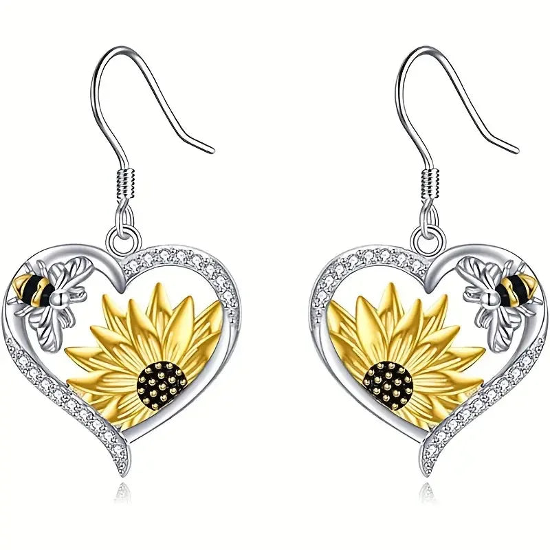 VIP | Vintage Boho Sunflower & Bee Heart Dangle Earrings