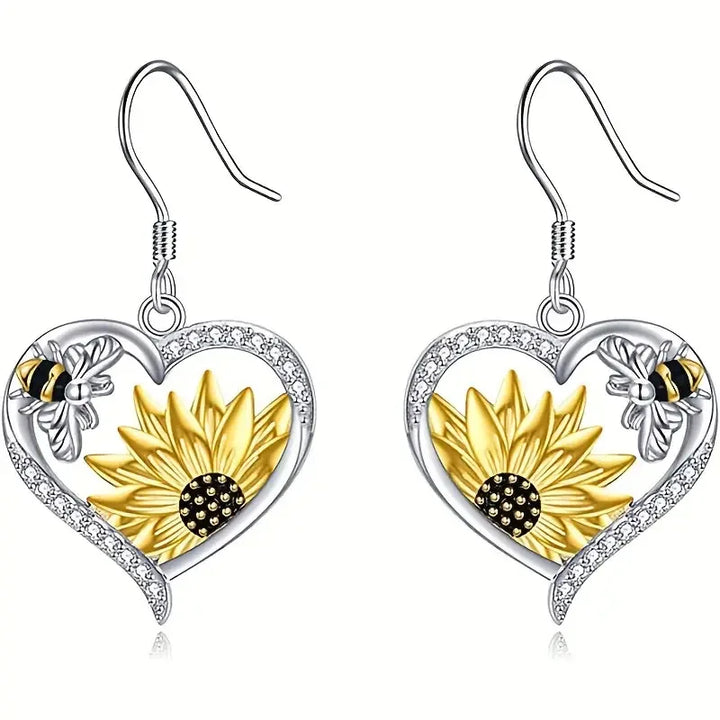 VIP | Vintage Boho Sunflower & Bee Heart Dangle Earrings
