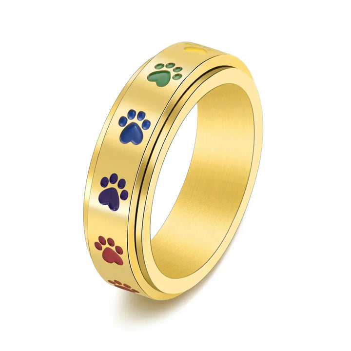 VIP | Spinning Stress Reducing Paw Ring – Stainless Steel with Rainbow Paws