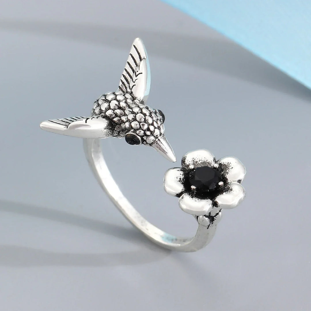 VIP | Hummingbird & Flower Ring – Adjustable Open Bird Ring for Women