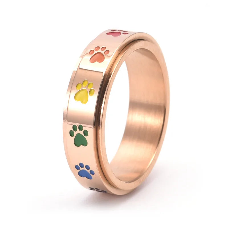 VIP | Spinning Stress Reducing Paw Ring – Stainless Steel with Rainbow Paws
