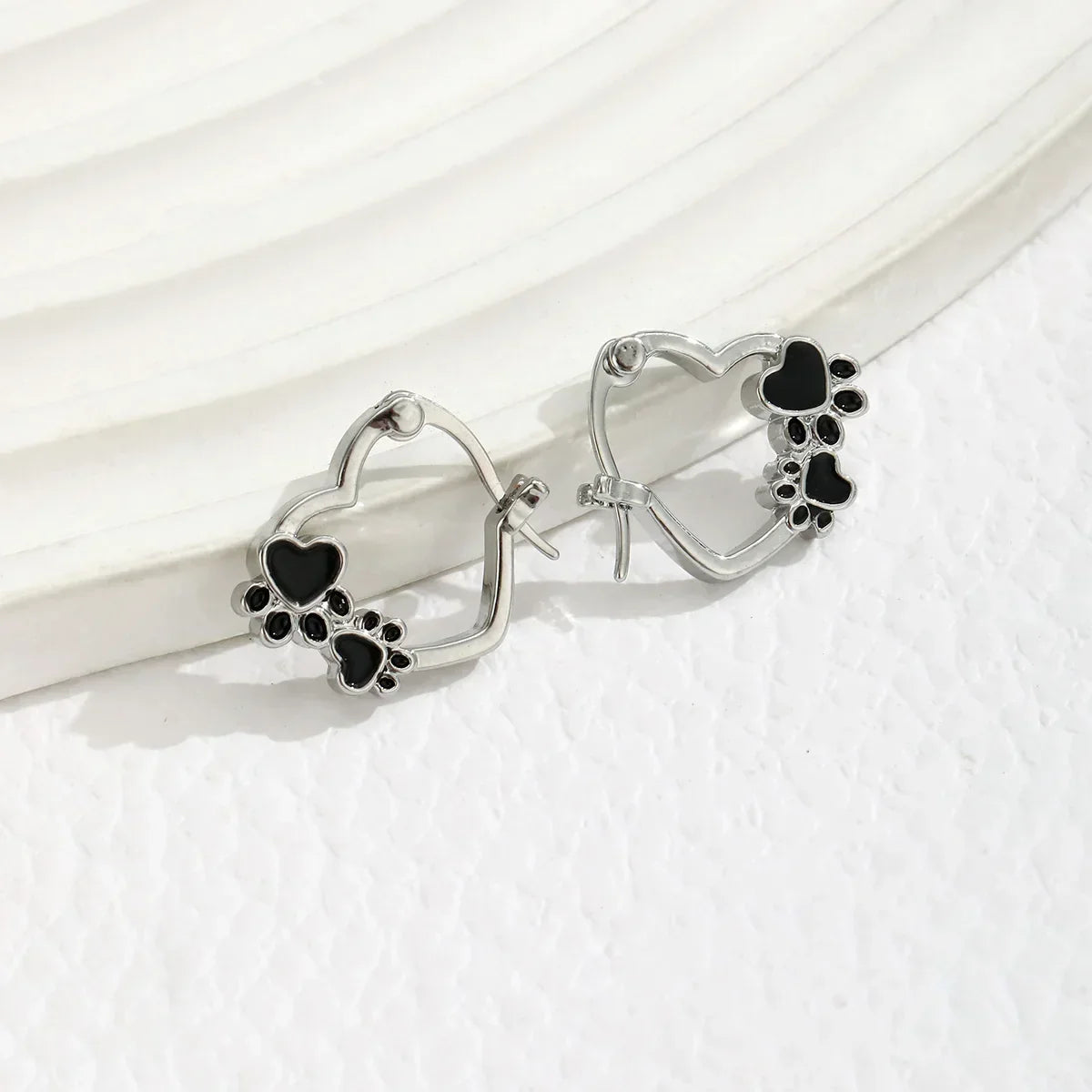 Heart Paw Huggie Earrings with Black Enamel