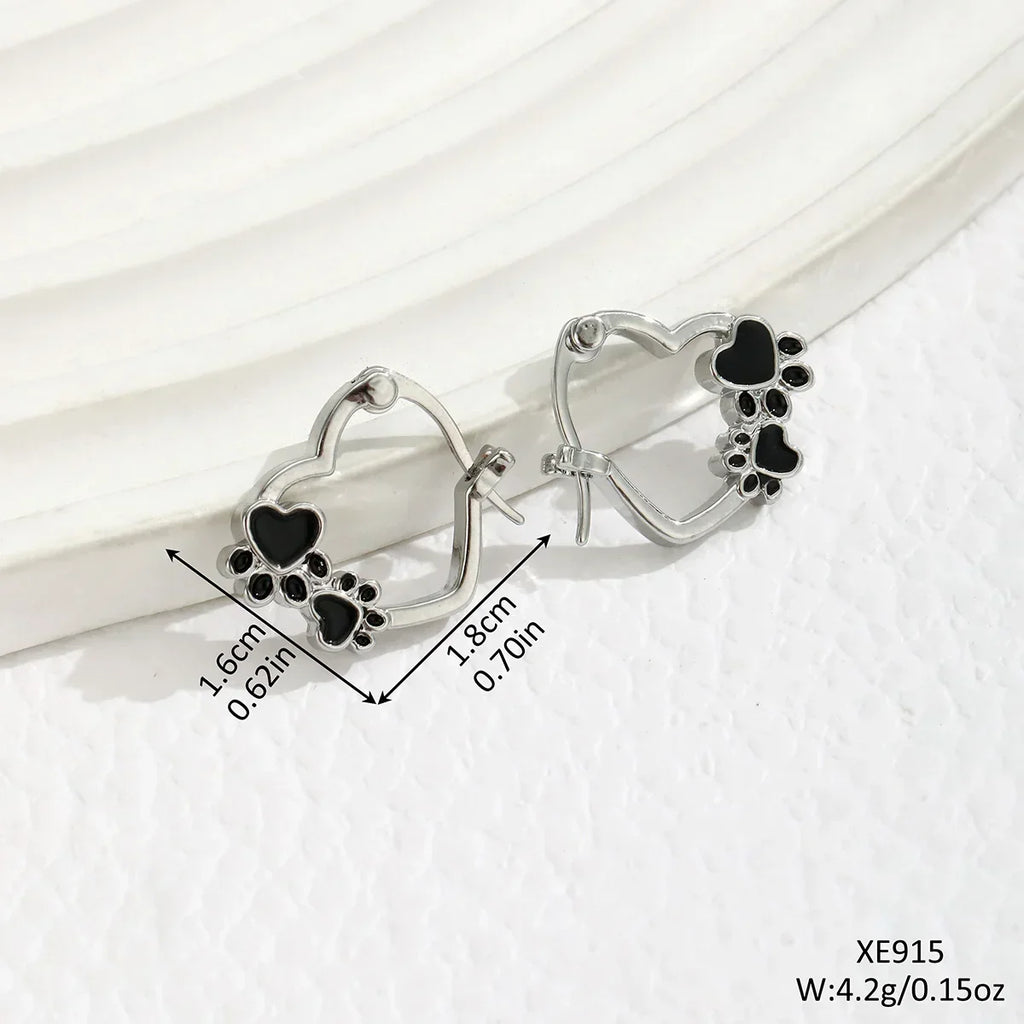 Heart Paw Huggie Earrings with Black Enamel