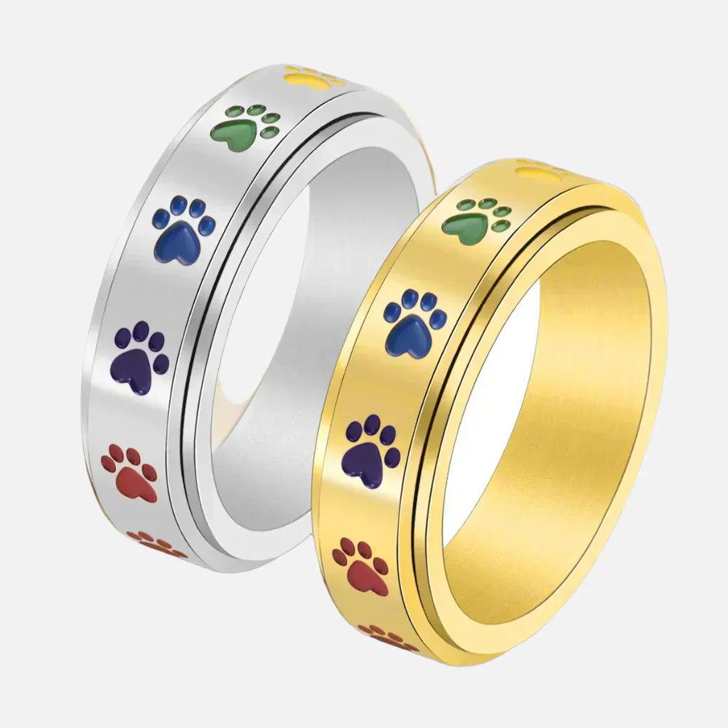 VIP | Spinning Stress Reducing Paw Ring – Stainless Steel with Rainbow Paws