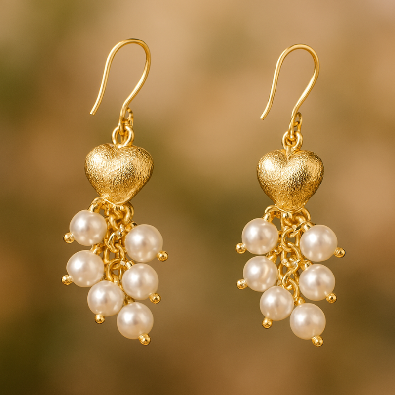 Gold Heart and Pearl Drop Earrings