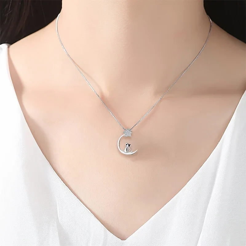 Sterling Silver Cat Moon Star Necklace