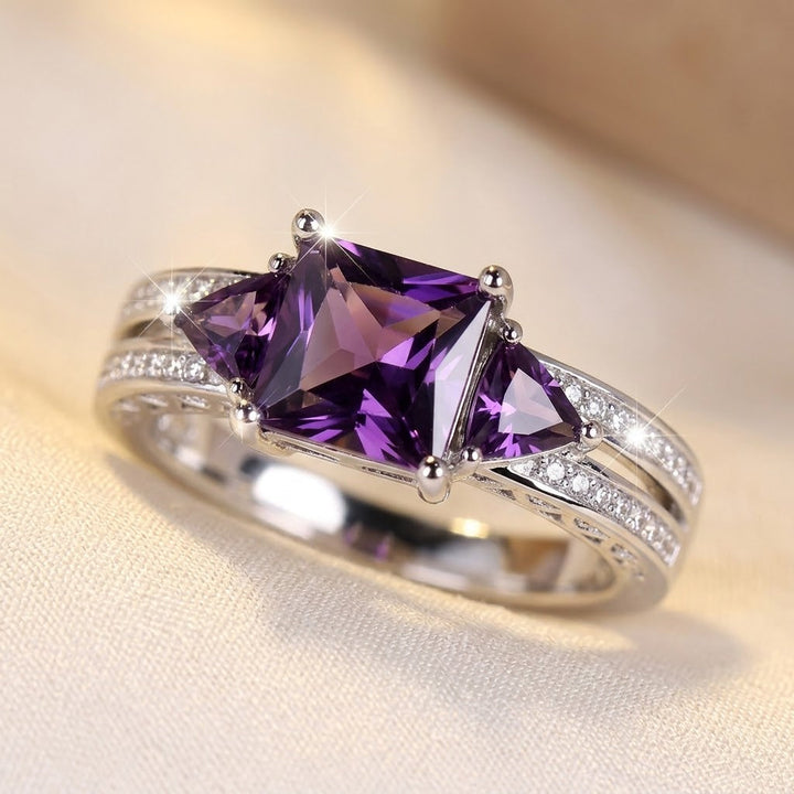 Silver Amethyst Geometric Ring