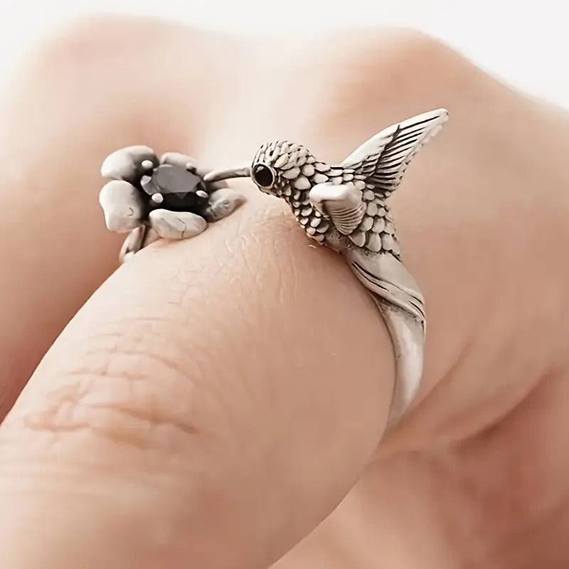 VIP | Hummingbird & Flower Ring – Adjustable Open Bird Ring for Women