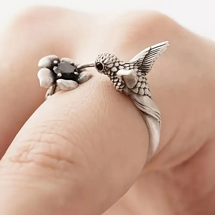 VIP | Hummingbird & Flower Ring – Adjustable Open Bird Ring for Women