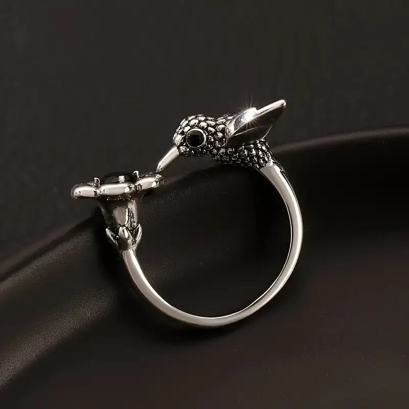VIP | Hummingbird & Flower Ring – Adjustable Open Bird Ring for Women