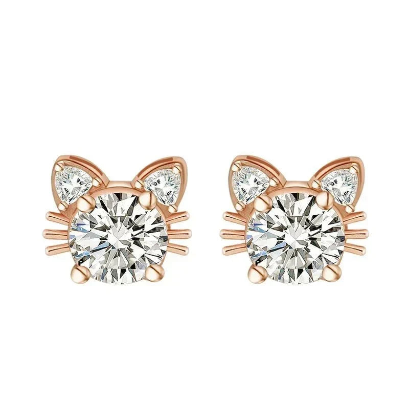 Moissanite Rose Gold Cat Stud Earrings in 925 Sterling Silver