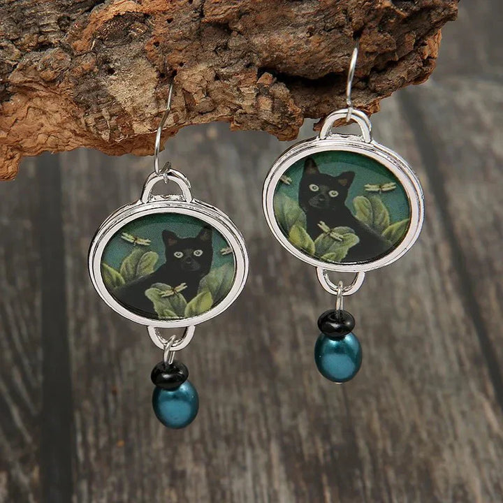 VIP | Vintage Tropical Black Cat Dangle Earrings