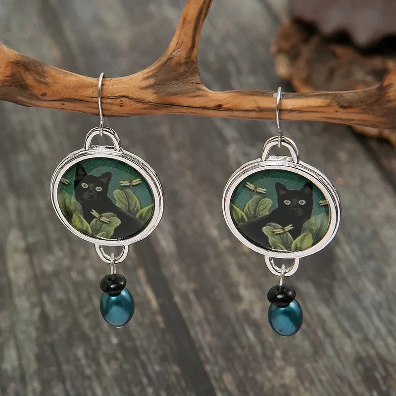 VIP | Vintage Tropical Black Cat Dangle Earrings