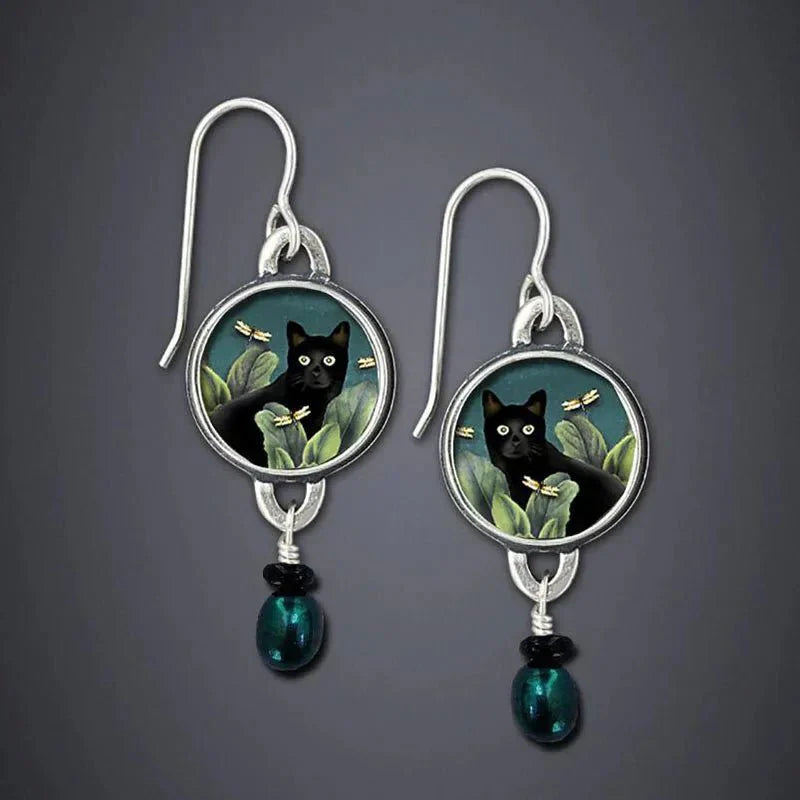 VIP | Vintage Tropical Black Cat Dangle Earrings
