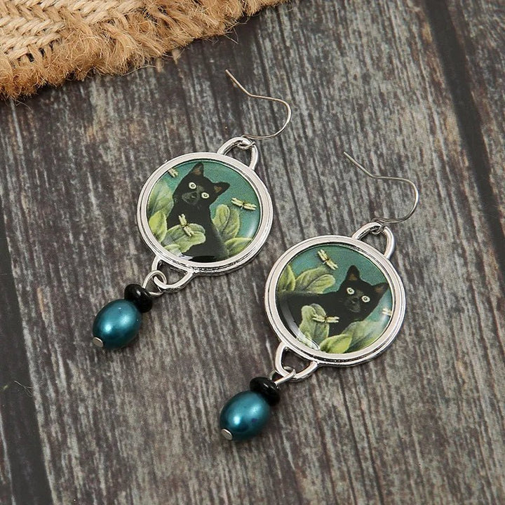 VIP | Vintage Tropical Black Cat Dangle Earrings