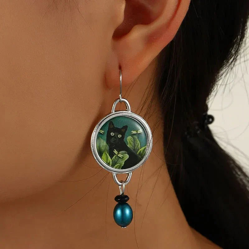 VIP | Vintage Tropical Black Cat Dangle Earrings