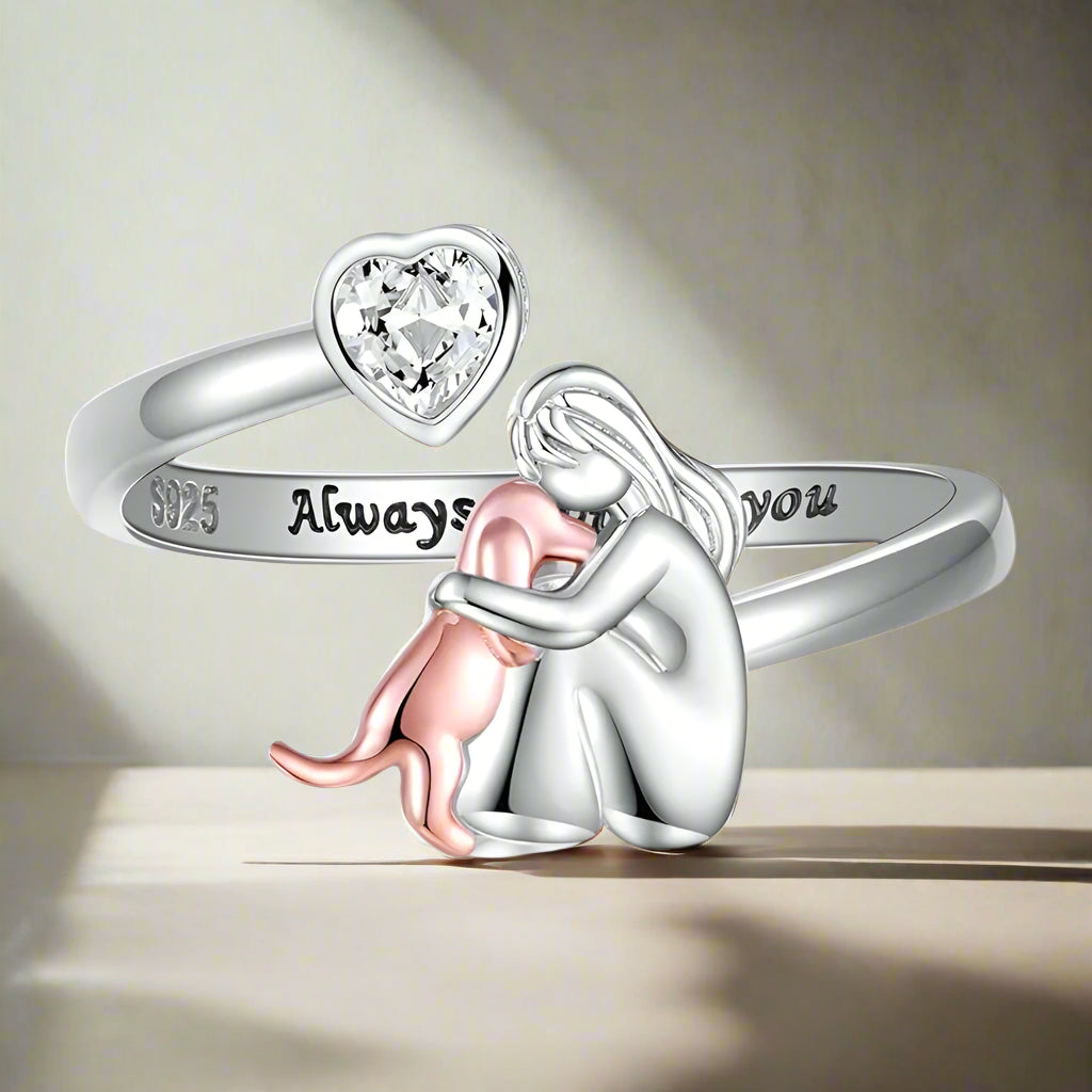 VIP | Adjustable Dog Ring in 925 Sterling Silver – “Always in My Heart” with Zirconia